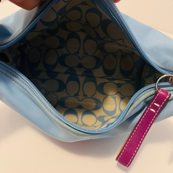 Coach Nylon Blue Purple Leather Trim SMALL Top Handle Pouch Purse Bag - Picture 13 of 15